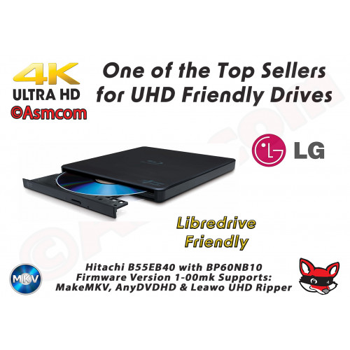 Hitachi BP55 Super Slim External Blu-ray Drive with Hitachi BP60-NB10 firmware 1-00mk. External Super-Slim USB 2.0 / 3.0 Compatible, Firmware 1-00mk, Reads 4K UHD Discs, Libre-Drive Friendly😉.