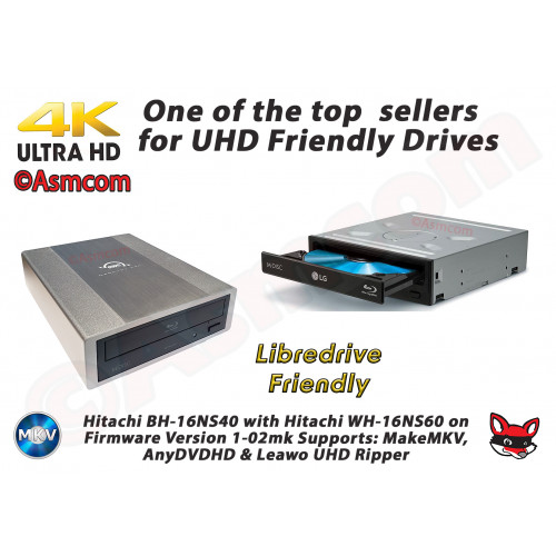 Hitachi Blu-ray Writer,  Internal / External options available, LG BH-16NS40 with BH-16NS60 firmware, choice of 1-02mk or 1-00DE,  Reads 4K UHD Discs, Libre-Drive Friendly😉. Available with USB C Cable